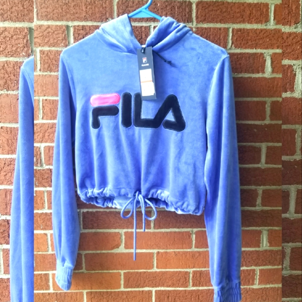 FILA Blue Velour Crop Hoodie XS w/Waist Drawstring